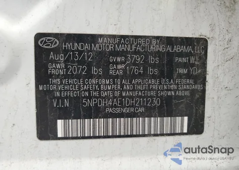 2013 Hyundai Elantra Gls z USA, uszkodzony, nr VIN 5NPDH4AE1DH211230